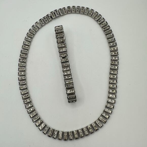 Antique Art Deco rhodium plated clear rhinestones tennis bracelet necklace - Picture 2 of 10